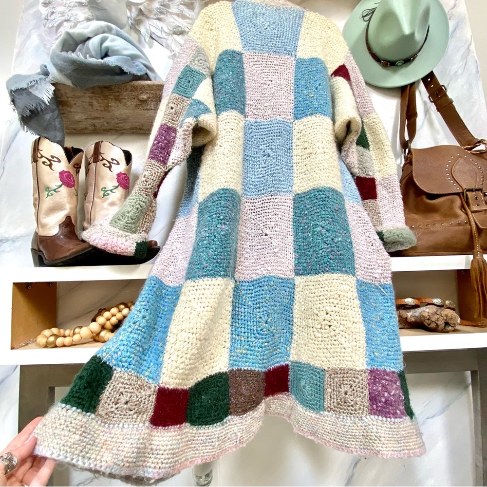 Artisan Patchwork Duster boho wool jacket sweater hippy farmhouse granny vibe - Picture 15 of 16